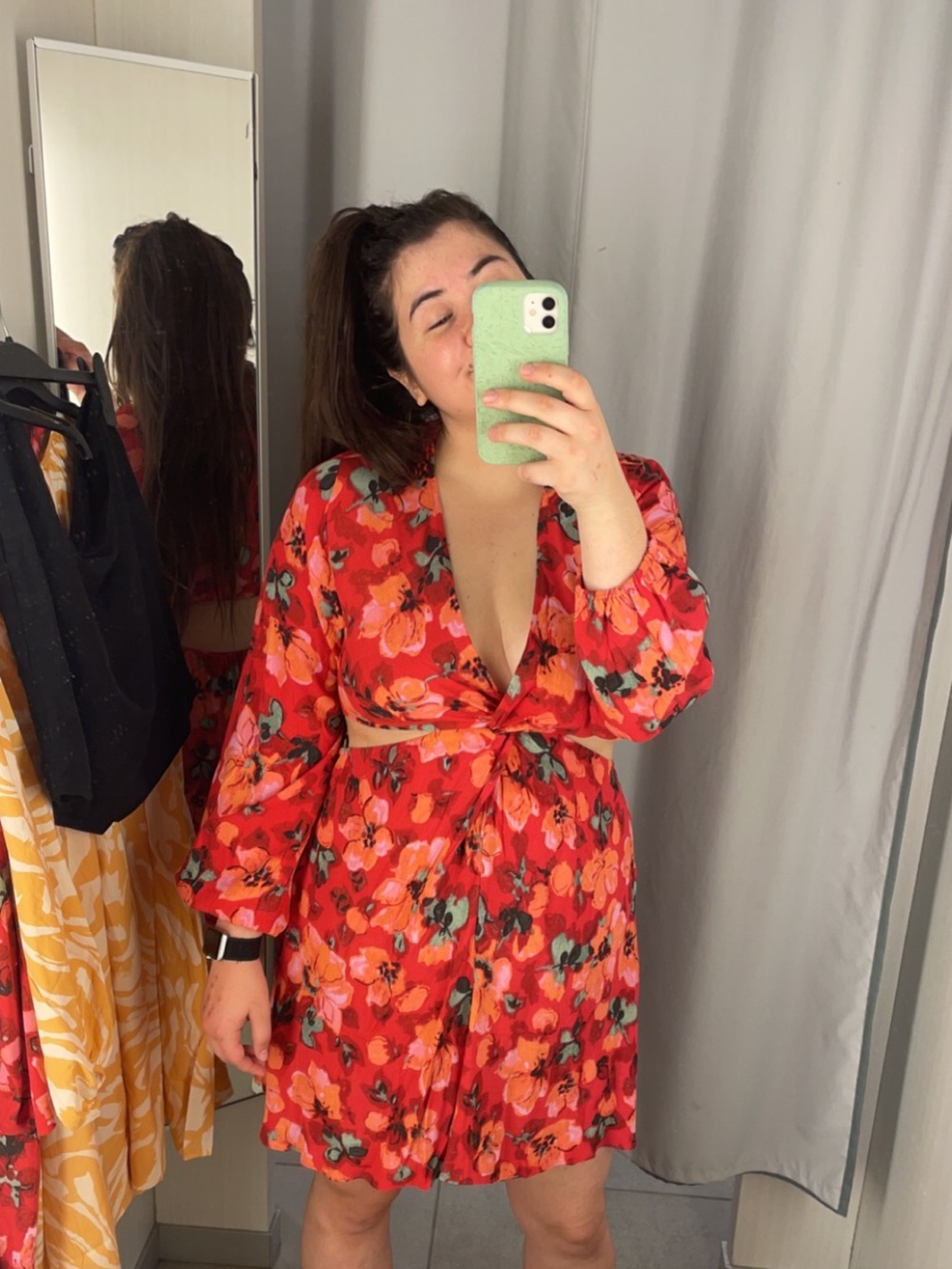 H&M Red Floral Cutout Maxi Dress with Long Sleeves
